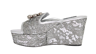 Silver Crystal Lace Flip Flop Wedges Shoes