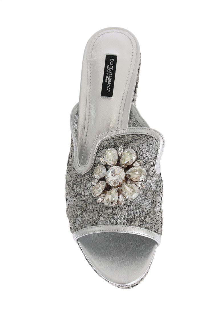 Silver Crystal Lace Flip Flop Wedges Shoes