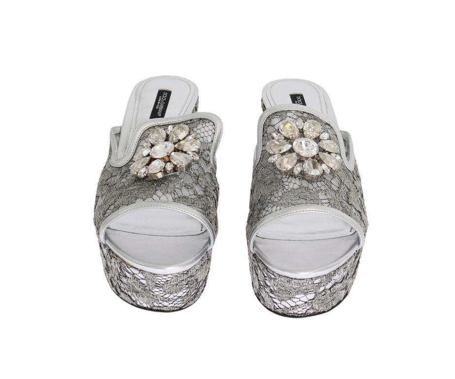 Silver Crystal Lace Flip Flop Wedges Shoes