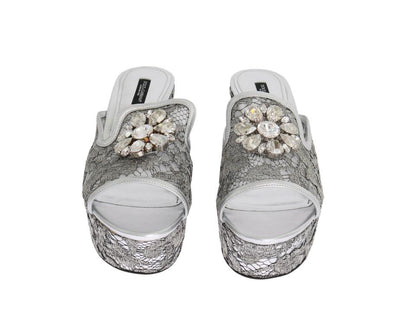 Silver Crystal Lace Flip Flop Wedges Shoes