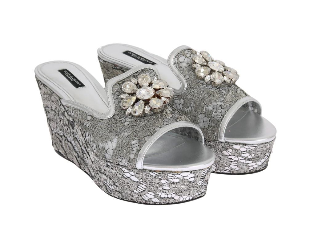 Silver Crystal Lace Flip Flop Wedges Shoes