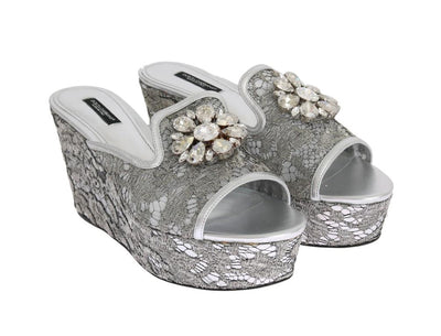 Silver Crystal Lace Flip Flop Wedges Shoes