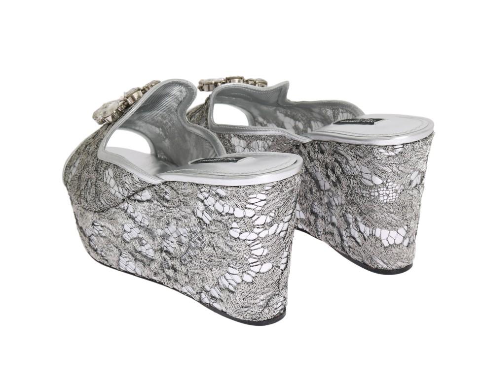 Silver Crystal Lace Flip Flop Wedges Shoes