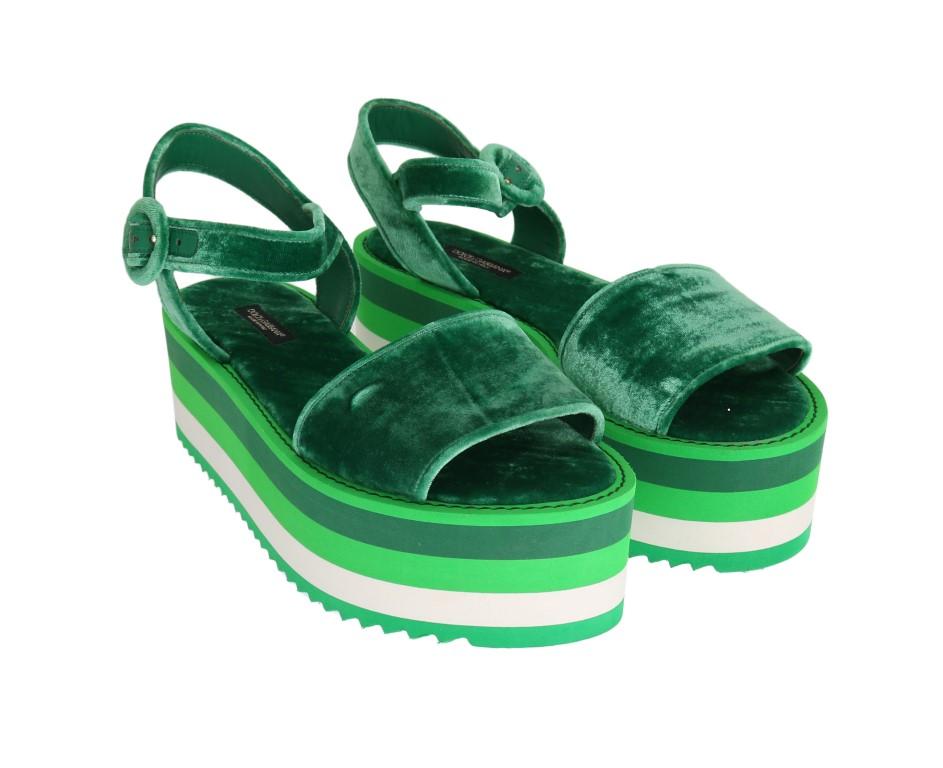 Green Velvet Platform Sandals Wedges