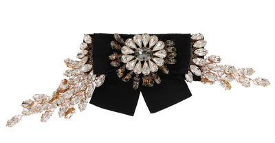 Crystal Gold Brass Floral Black Bow Hair Clip