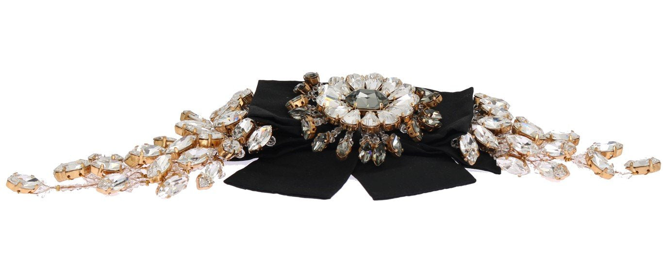 Crystal Gold Brass Floral Black Bow Hair Clip