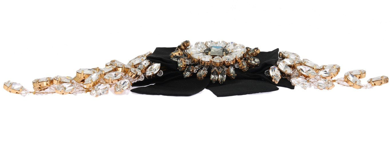 Crystal Gold Brass Floral Black Bow Hair Clip