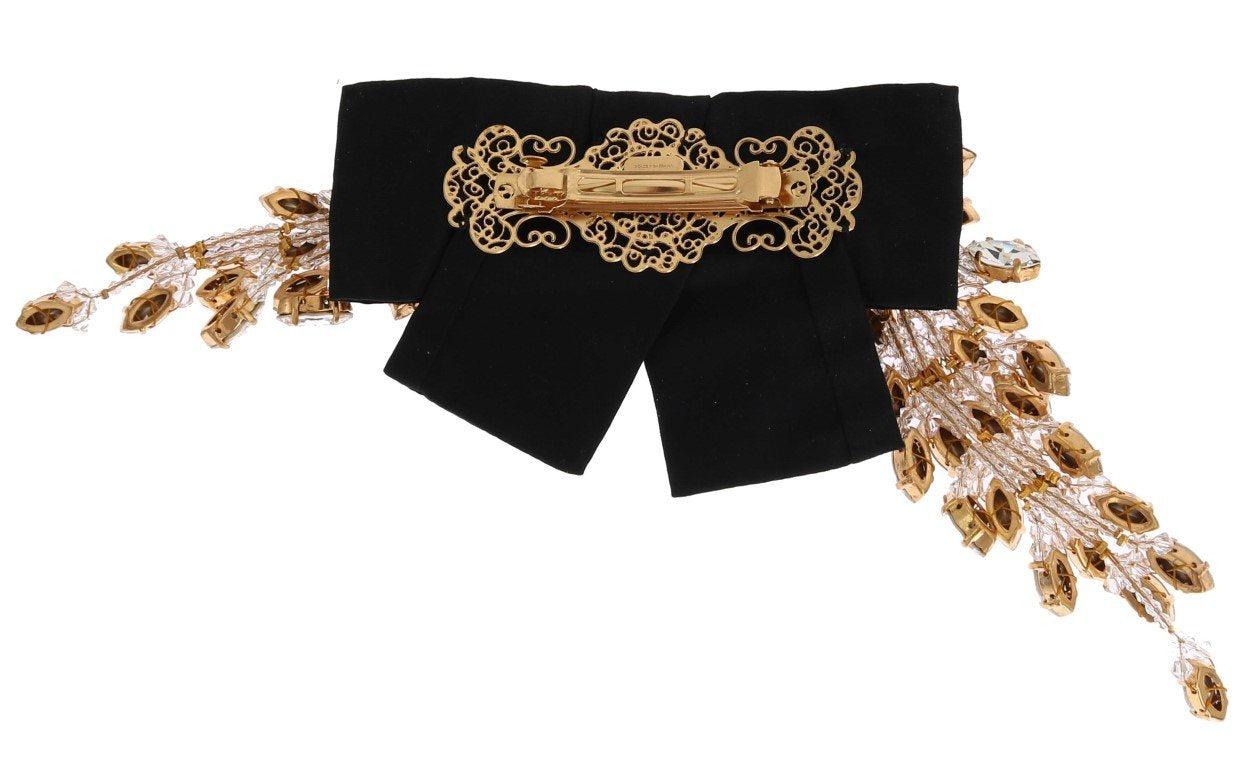 Crystal Gold Brass Floral Black Bow Hair Clip