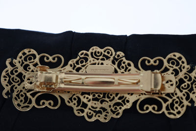 Crystal Gold Brass Floral Black Bow Hair Clip