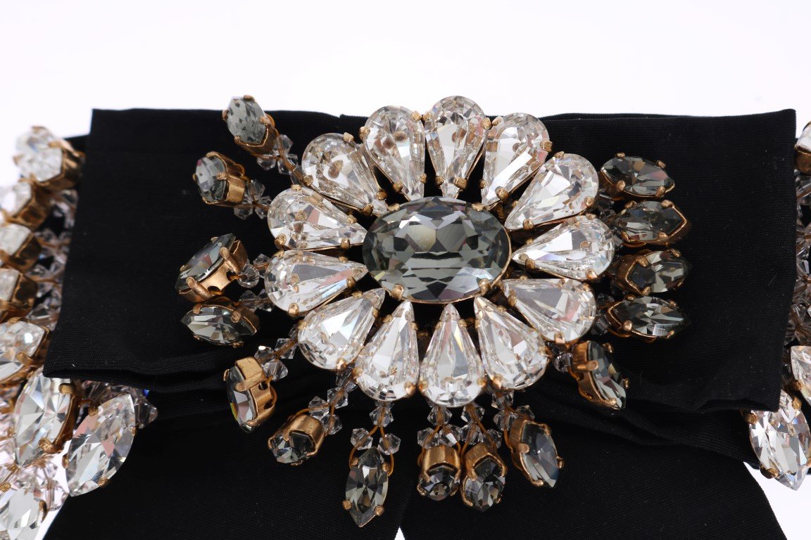 Crystal Gold Brass Floral Black Bow Hair Clip