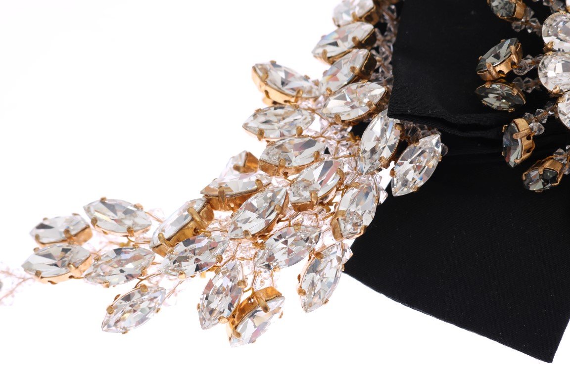 Crystal Gold Brass Floral Black Bow Hair Clip