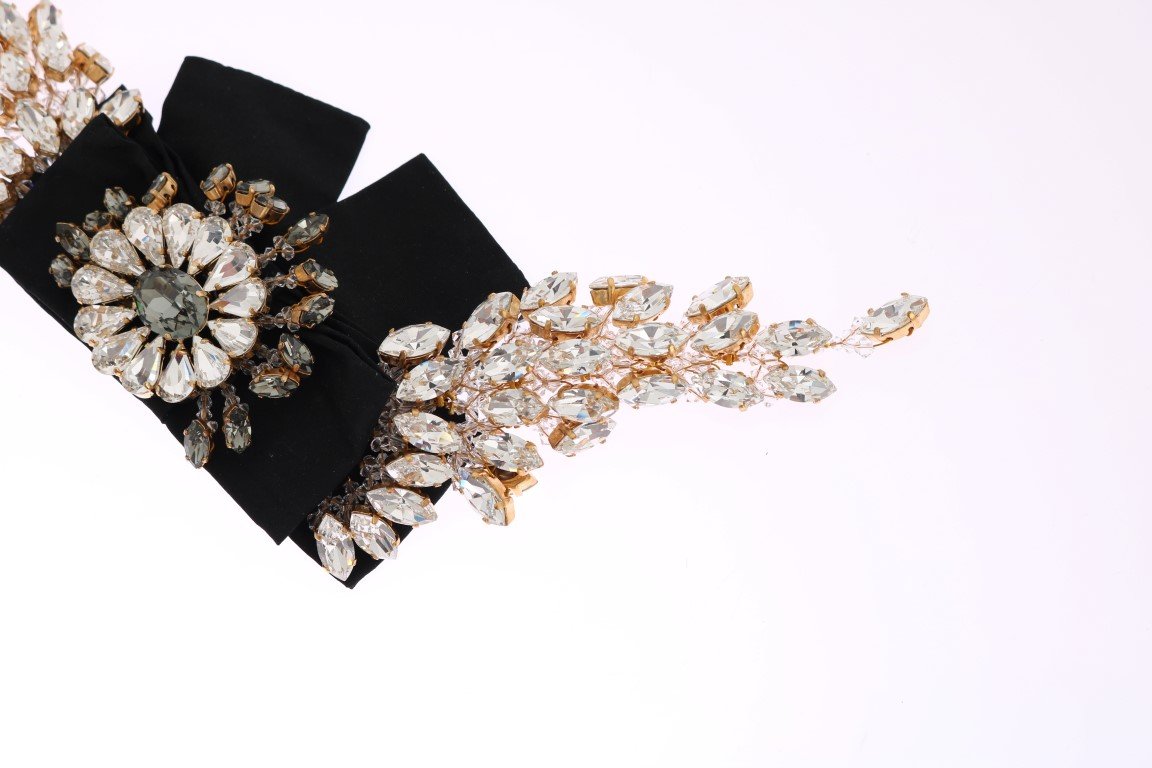 Crystal Gold Brass Floral Black Bow Hair Clip