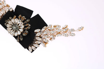 Crystal Gold Brass Floral Black Bow Hair Clip