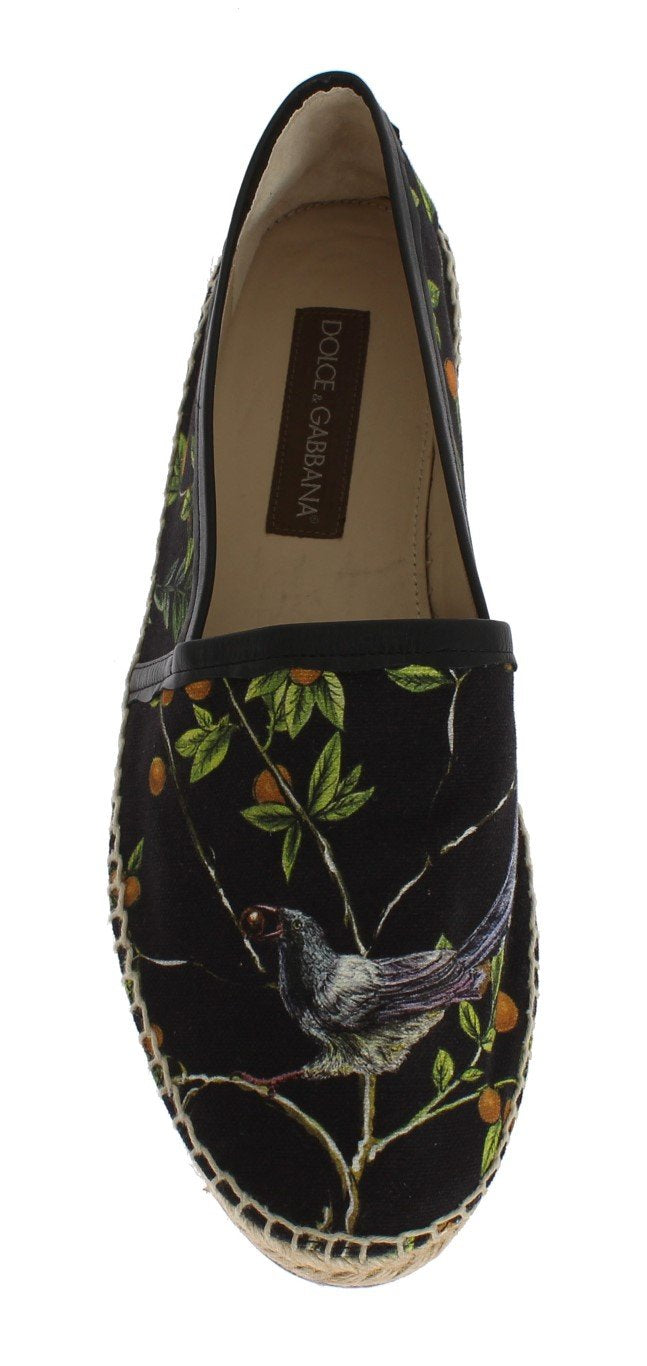 Black Canvas Bird Pattern Espadrilles