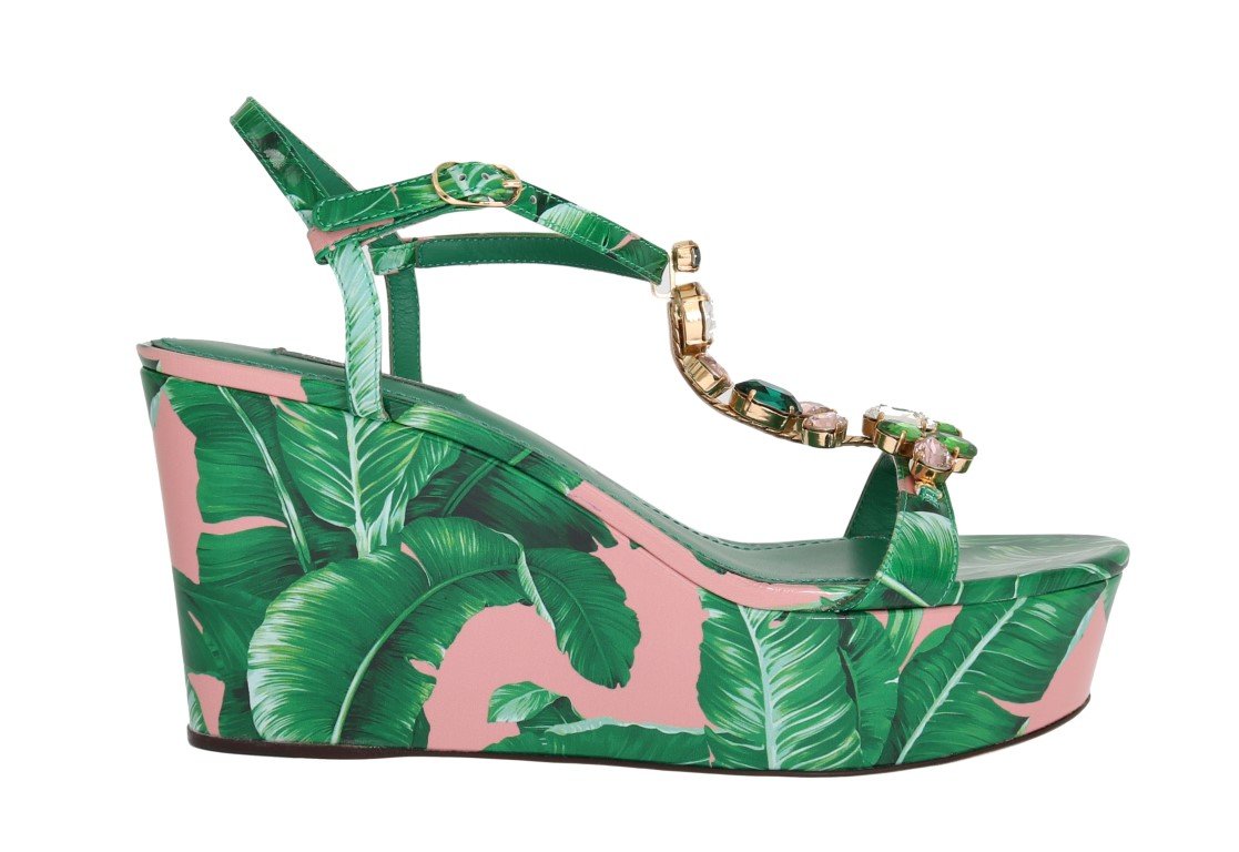 Green Banana Leaf Leather Crystal Sandals