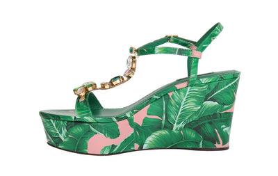 Green Banana Leaf Leather Crystal Sandals