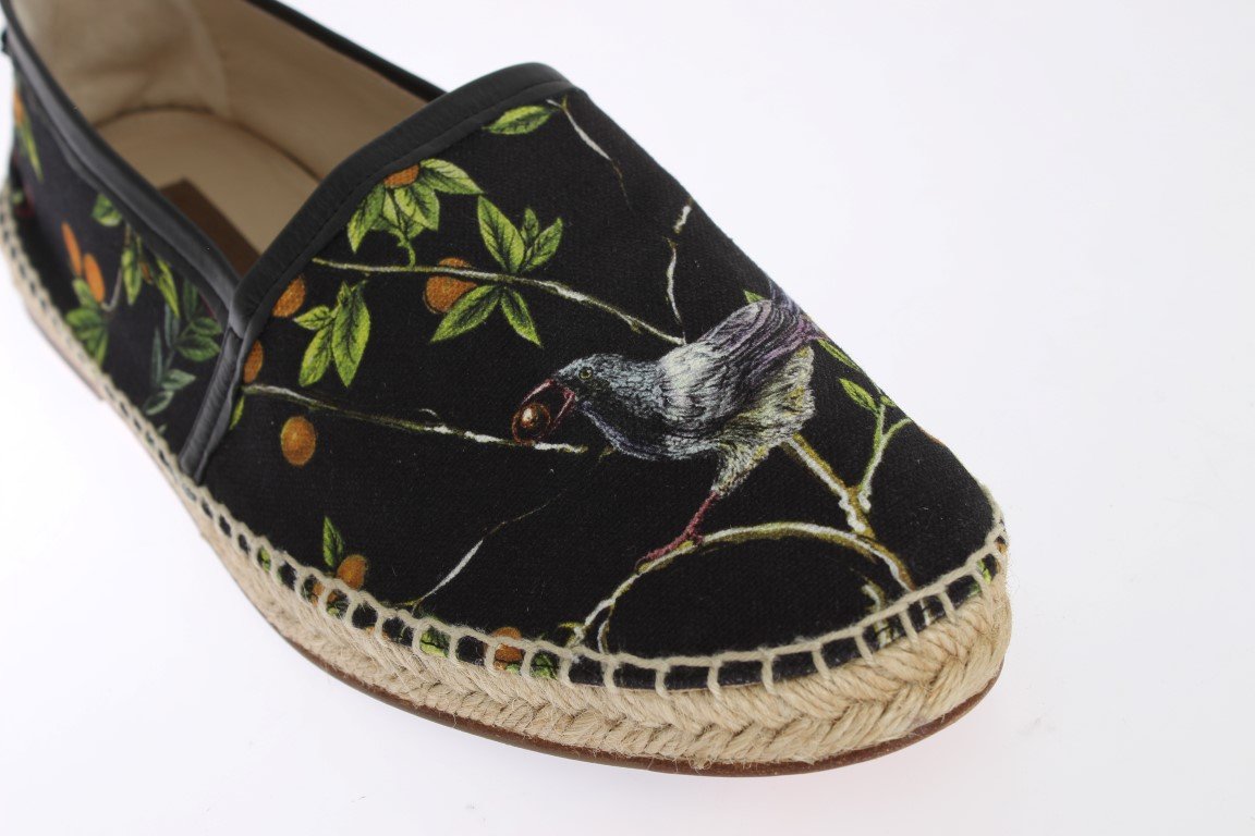 Black Canvas Bird Pattern Espadrilles