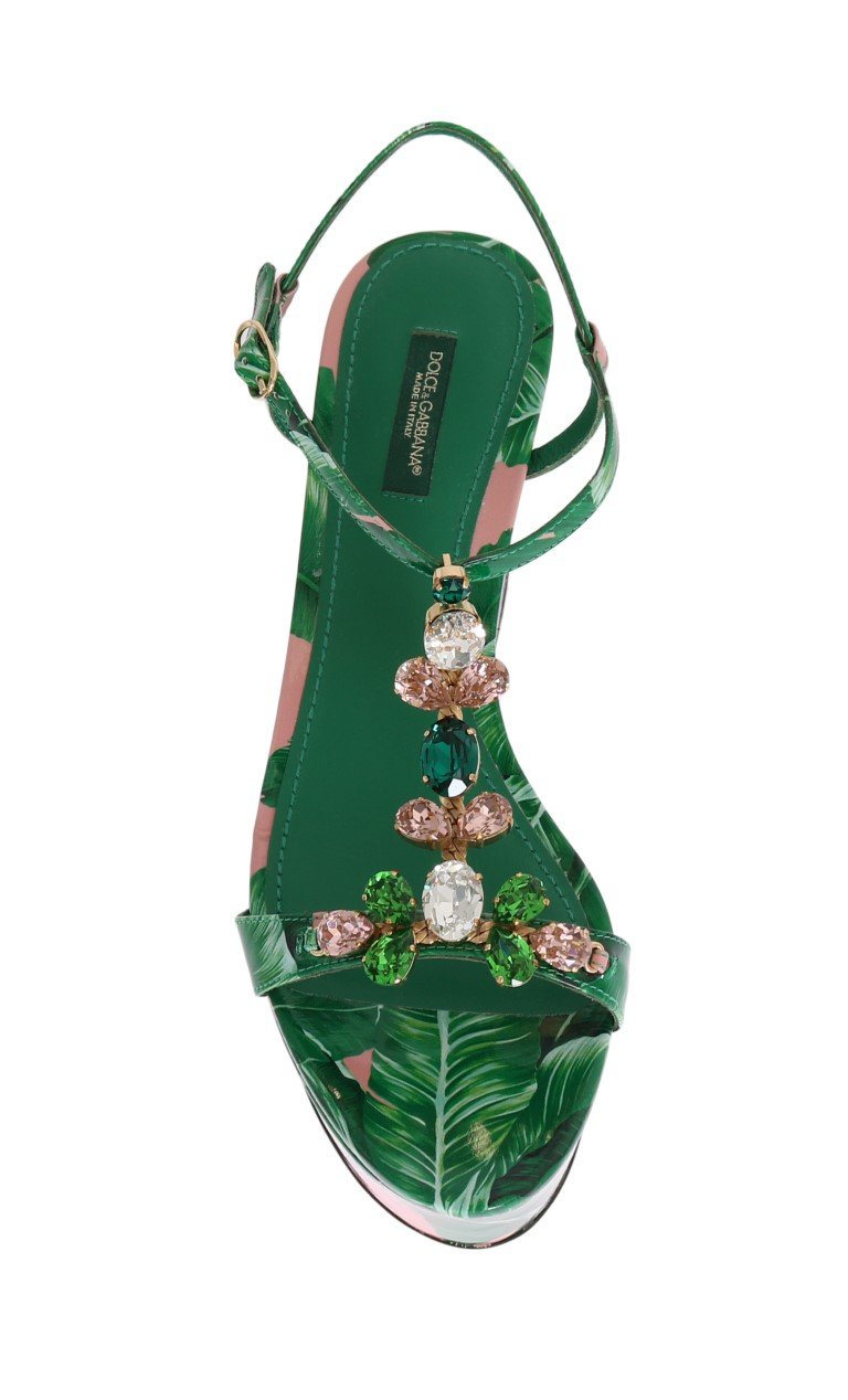 Green Banana Leaf Leather Crystal Sandals