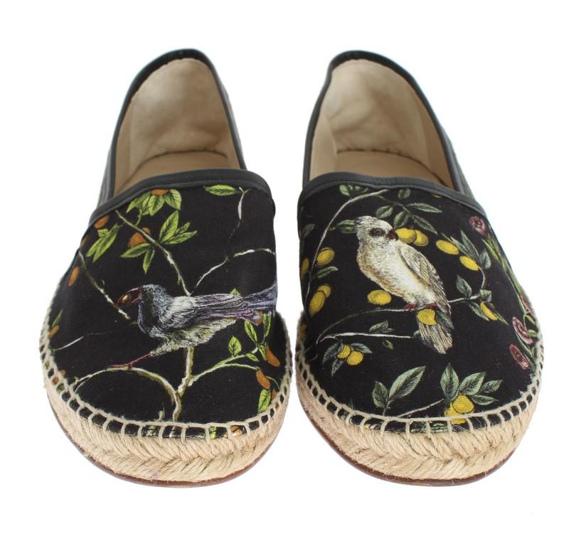 Black Canvas Bird Pattern Espadrilles