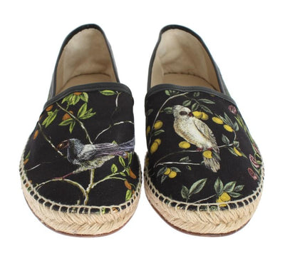 Black Canvas Bird Pattern Espadrilles