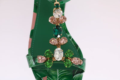 Green Banana Leaf Leather Crystal Sandals