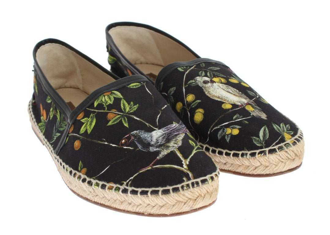 Black Canvas Bird Pattern Espadrilles