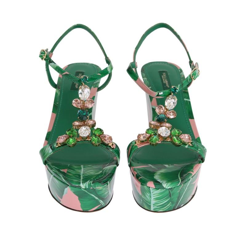 Green Banana Leaf Leather Crystal Sandals