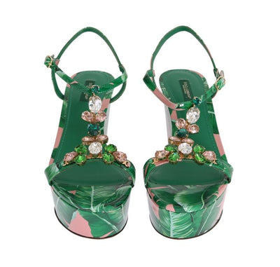 Green Banana Leaf Leather Crystal Sandals