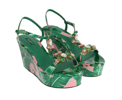Green Banana Leaf Leather Crystal Sandals
