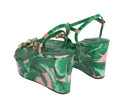 Green Banana Leaf Leather Crystal Sandals