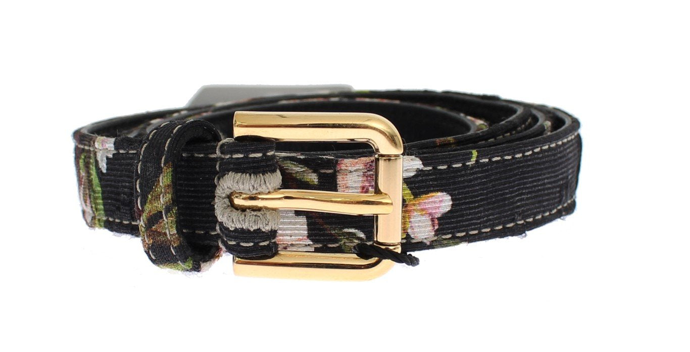 Floral Print Leather Gold Buckle Logo Belt