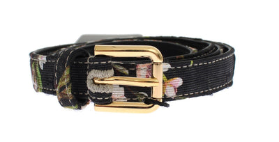 Floral Print Leather Gold Buckle Logo Belt