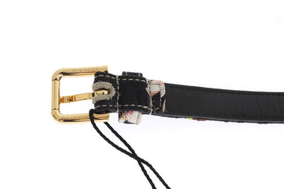 Floral Print Leather Gold Buckle Logo Belt