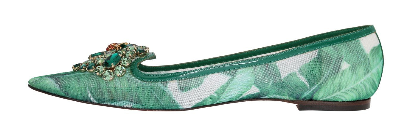 Green Banana Leafs Crystal Flats Ballet Shoes