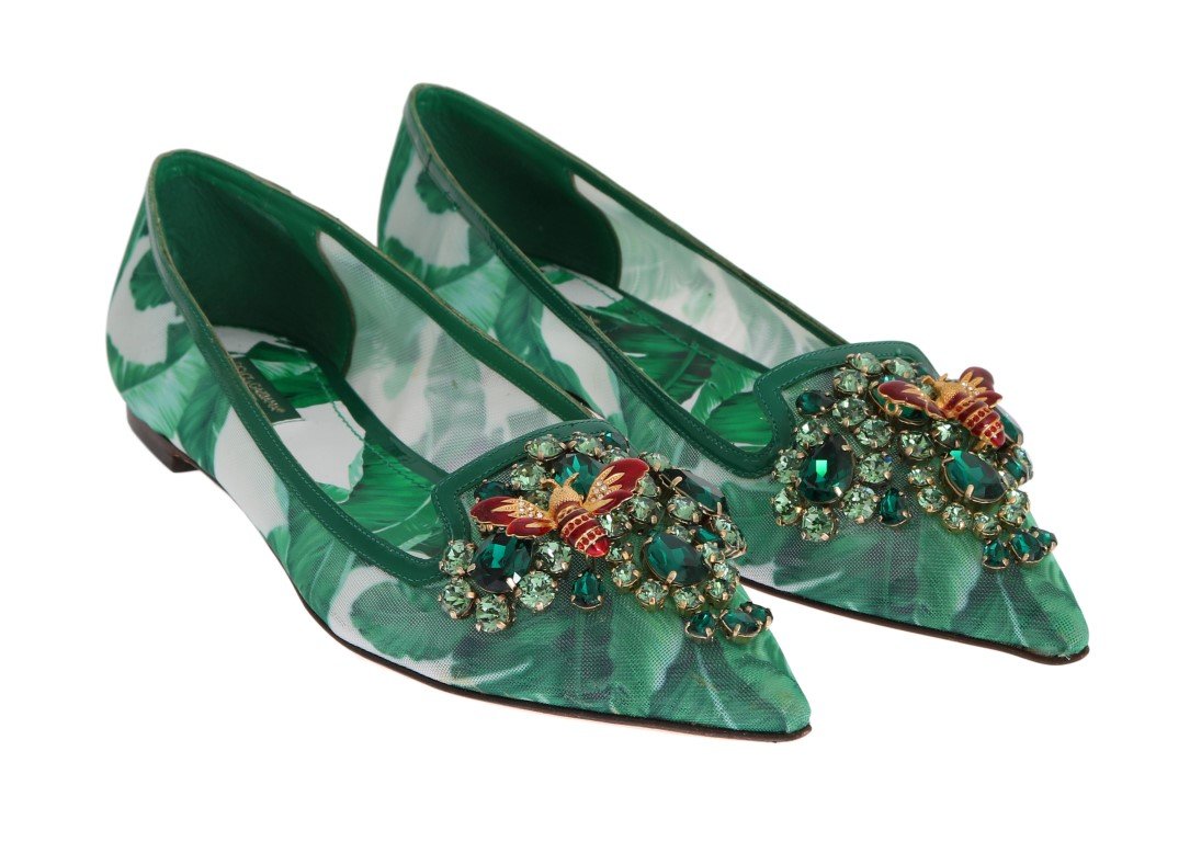 Green Banana Leafs Crystal Flats Shoes