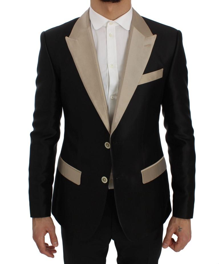 Black Beige Silk Slim Blazer Jacket