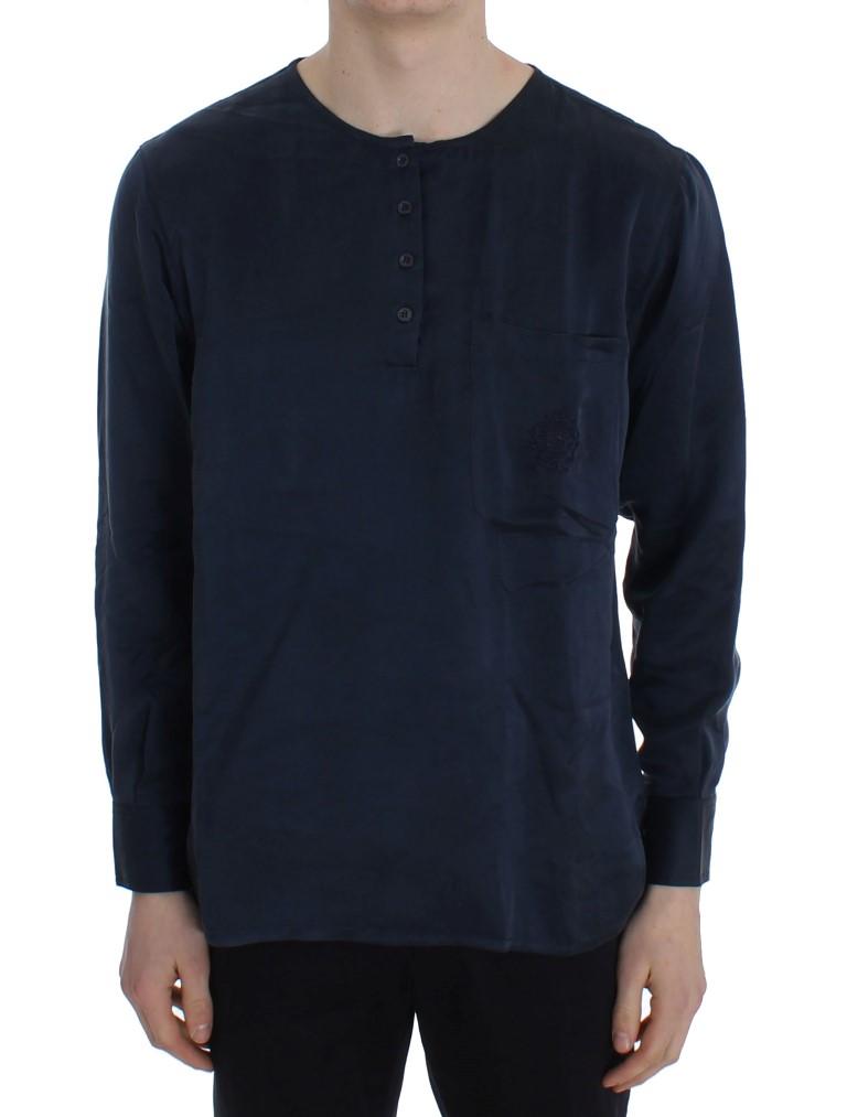 Blue Silk Henley Long Sleeve T-shirt