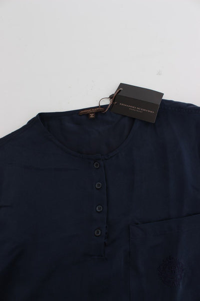 Blue Silk Henley Long Sleeve T-shirt