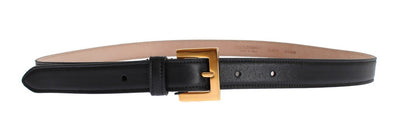 Black Leather Gold Buckle Logo Waist Belt