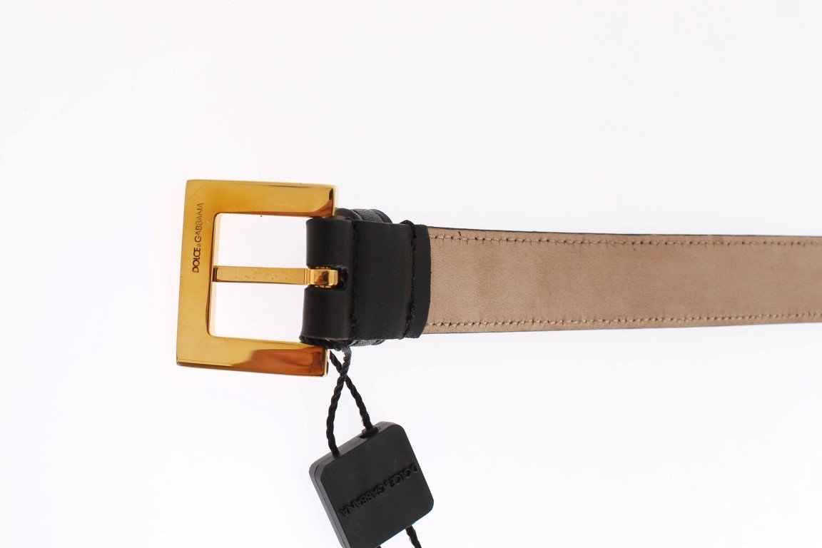 Black Leather Gold Buckle Logo Waist Belt