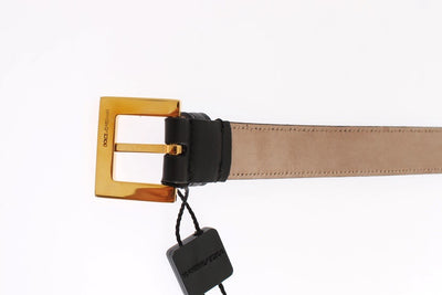 Black Leather Gold Buckle Logo Waist Belt