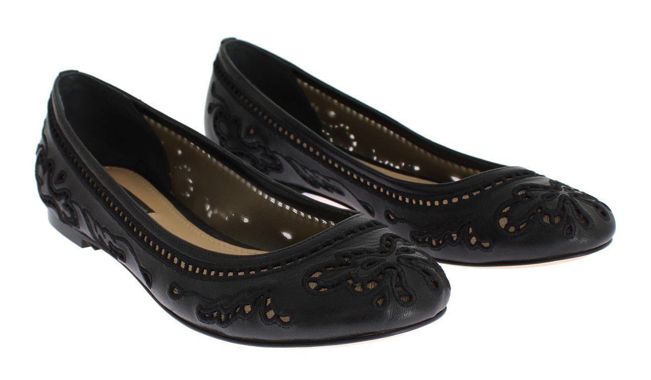 Black Leather Ricamo Ballet Flat Shoes