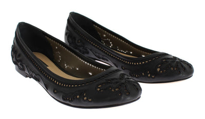 Black Leather Ricamo Ballet Flat Shoes