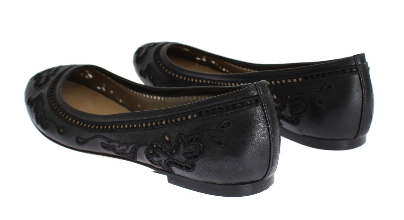 Black Leather Ricamo Ballet Flat Shoes