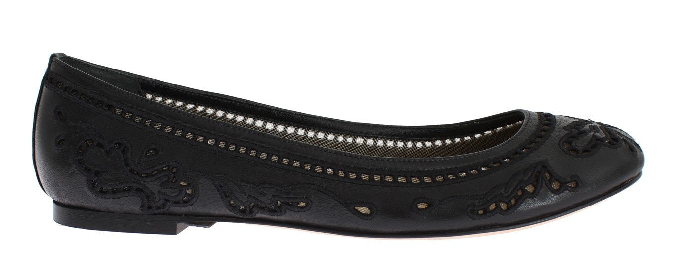 Black Leather Ricamo Ballet Flat Shoes