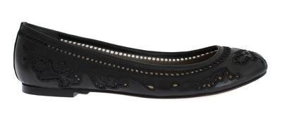 Black Leather Ricamo Ballet Flat Shoes