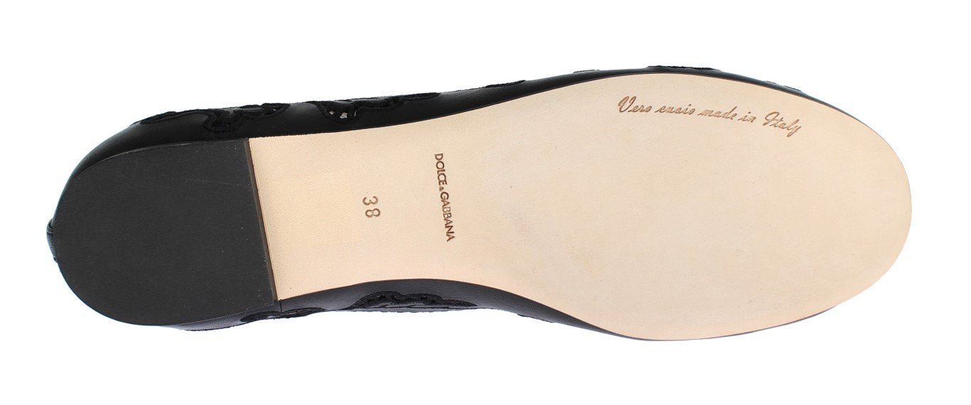 Black Leather Ricamo Ballet Flat Shoes