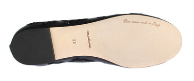 Black Leather Ricamo Ballet Flat Shoes