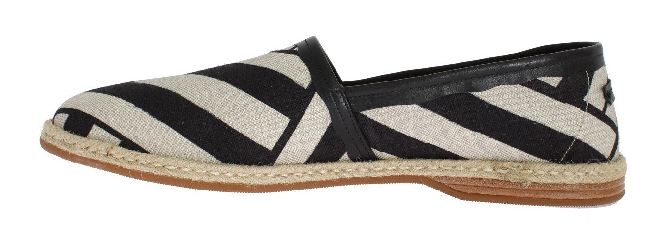 White Black Linen Striped Logo Loafers
