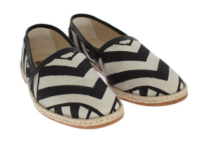 White Black Linen Striped Logo Loafers